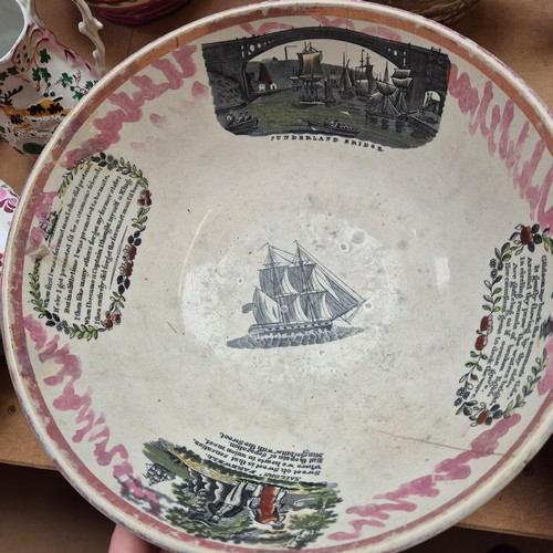 833 - A 19th century Sunderland lustre large ceramic bowl, various  Tyne and Wear scenes, including Sunder... 