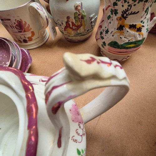 836 - A group of Victorian Sunderland lustre ware ceramic items, to include a teapot with associated lid, ... 