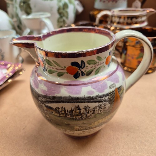 840 - A group of Sunderland lustre and lustre ware ceramic jugs, various sizes and motifs, largest height ... 