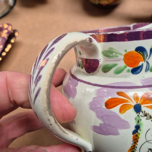 840 - A group of Sunderland lustre and lustre ware ceramic jugs, various sizes and motifs, largest height ... 