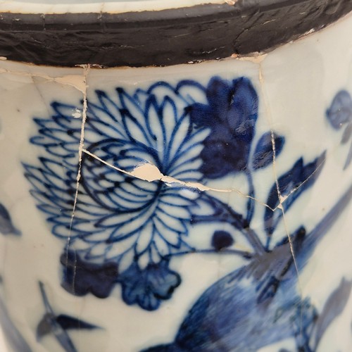 156 - A pair of Chinese blue and white crackle glaze sleeve vases, H36cm, both with impressed stamps to th... 