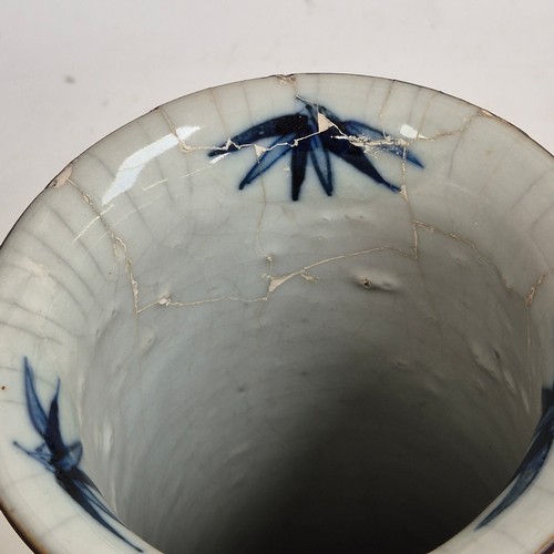 156 - A pair of Chinese blue and white crackle glaze sleeve vases, H36cm, both with impressed stamps to th... 