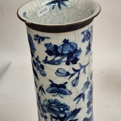 156 - A pair of Chinese blue and white crackle glaze sleeve vases, H36cm, both with impressed stamps to th... 