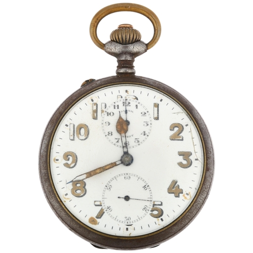 1103 - A First World War Period gun-metal open-face keyless alarm pocket watch, white enamel dial with Arab... 