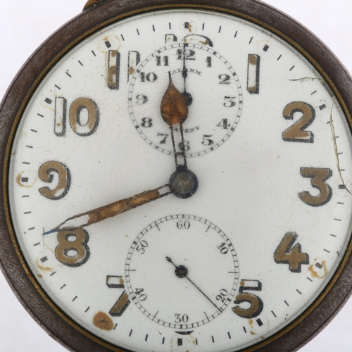 1103 - A First World War Period gun-metal open-face keyless alarm pocket watch, white enamel dial with Arab... 