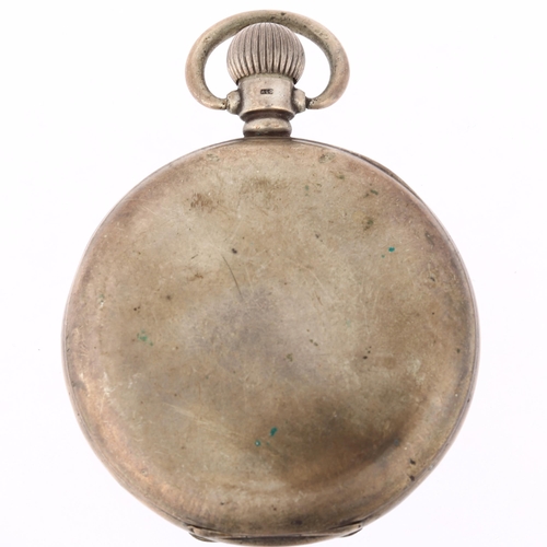 1104 - WALTHAM - a silver open-face keyless pocket watch, black enamel dial with Arabic numerals, cathedral... 