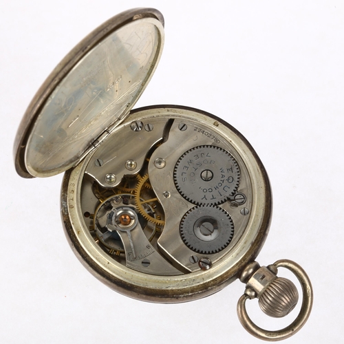 1104 - WALTHAM - a silver open-face keyless pocket watch, black enamel dial with Arabic numerals, cathedral... 