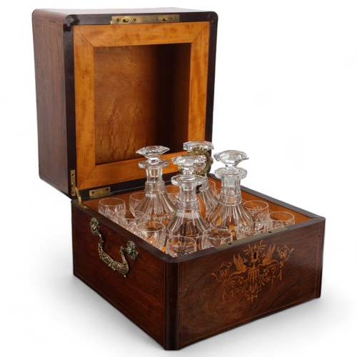 237 - A 19th century rosewood and marquetry inlaid liqueur decanter set, cast-brass carrying handles, the ... 