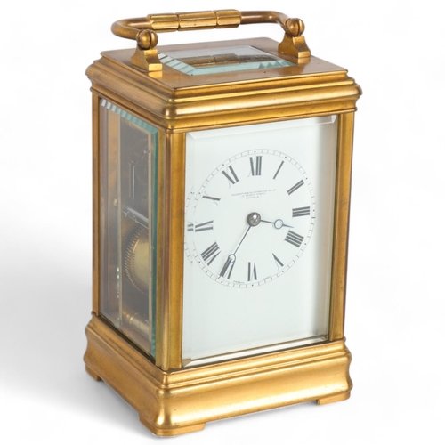 254 - French gilt-brass cased 8-day carriage clock, enamel dial, retailers Goldsmiths & Silversmith Compan... 