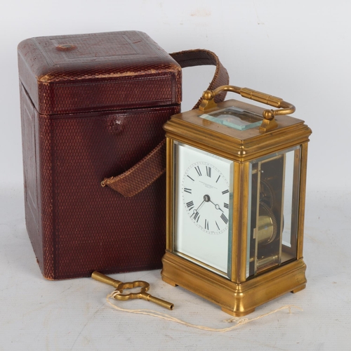 254 - French gilt-brass cased 8-day carriage clock, enamel dial, retailers Goldsmiths & Silversmith Compan... 