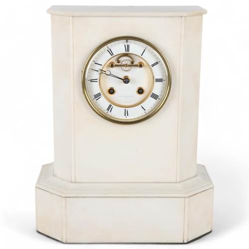 256 - 19th century French white marble cased 8-day mantel clock, with brass-mounted enamel dial, signed A ... 