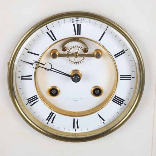 256 - 19th century French white marble cased 8-day mantel clock, with brass-mounted enamel dial, signed A ... 