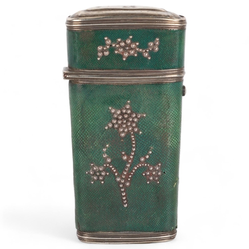 262 - An early 19th century shagreen sewing etui, applied steel pinwork decoration, with unmarked silver m... 