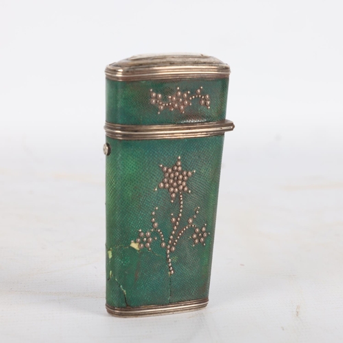 262 - An early 19th century shagreen sewing etui, applied steel pinwork decoration, with unmarked silver m... 