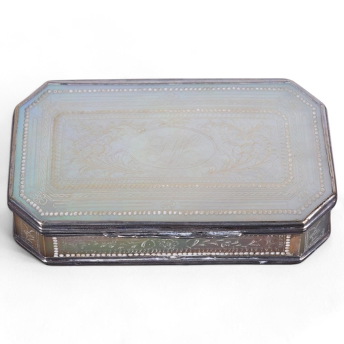 263 - A 19th century Chinese mother-of-pearl and unmarked white metal-mounted box, with engraved decoratio... 