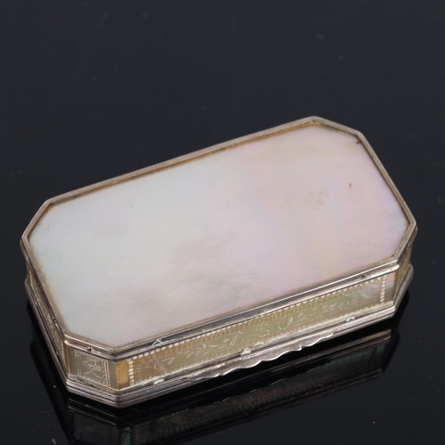 263 - A 19th century Chinese mother-of-pearl and unmarked white metal-mounted box, with engraved decoratio... 