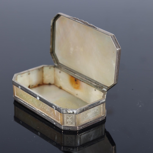 263 - A 19th century Chinese mother-of-pearl and unmarked white metal-mounted box, with engraved decoratio... 