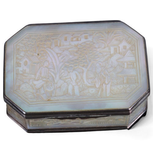 264 - A 19th century Chinese mother-of-pearl and unmarked white metal-mounted box, with engraved decoratio... 