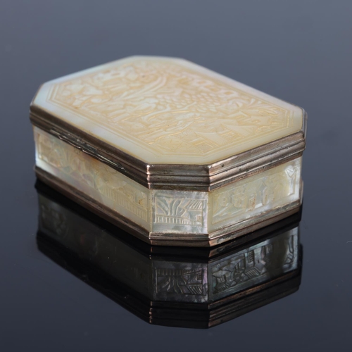 264 - A 19th century Chinese mother-of-pearl and unmarked white metal-mounted box, with engraved decoratio... 