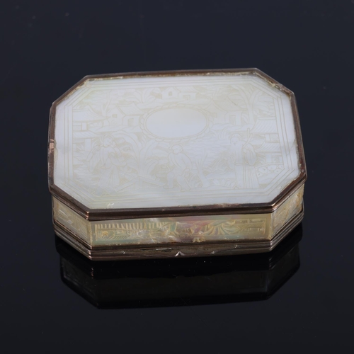 264 - A 19th century Chinese mother-of-pearl and unmarked white metal-mounted box, with engraved decoratio... 