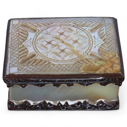 265 - 19th century mother-of-pearl and brass-mounted box, with carved lid, length 7.5cm