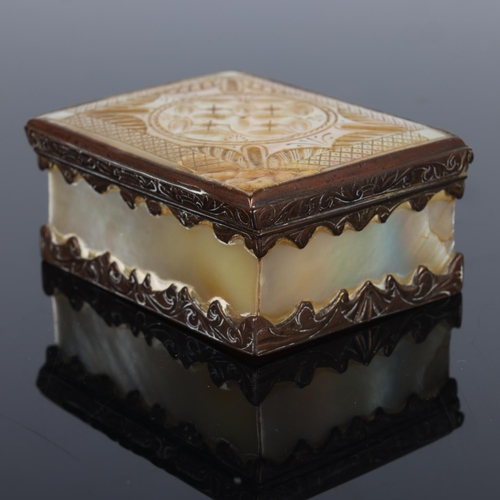 265 - 19th century mother-of-pearl and brass-mounted box, with carved lid, length 7.5cm