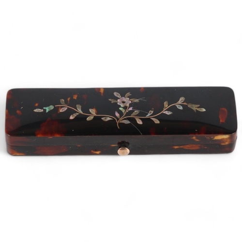 266 - 19th century tortoiseshell toothpick case, with inlaid mother-of-pearl and gold floral lid, length 8... 