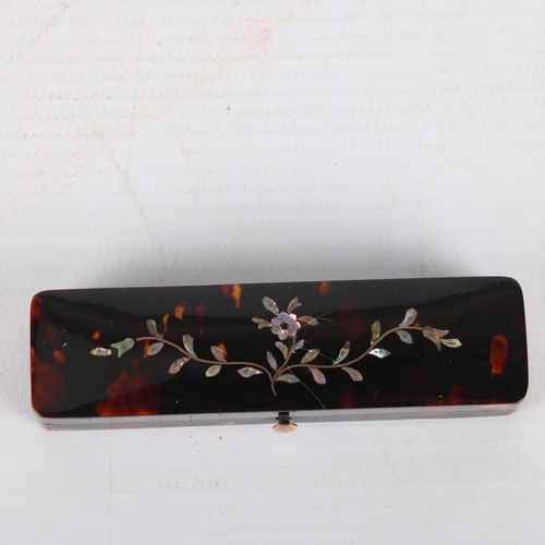 266 - 19th century tortoiseshell toothpick case, with inlaid mother-of-pearl and gold floral lid, length 8... 