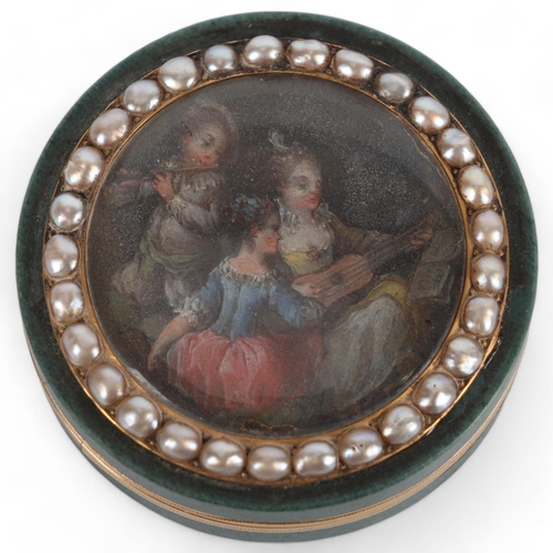 267 - A 19th century French circular green stone box, the lid having an inset painted panel depicting 3 mu... 