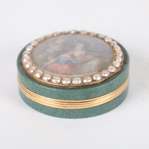 267 - A 19th century French circular green stone box, the lid having an inset painted panel depicting 3 mu... 