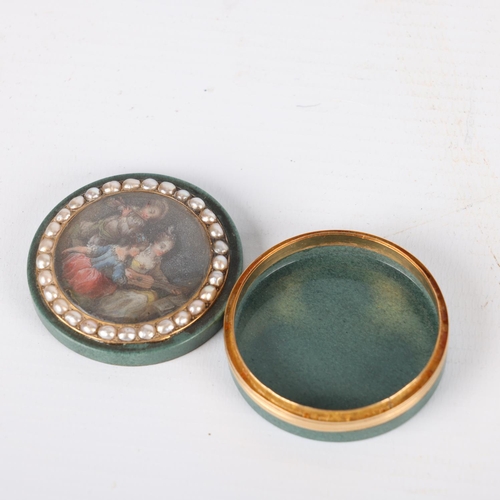 267 - A 19th century French circular green stone box, the lid having an inset painted panel depicting 3 mu... 