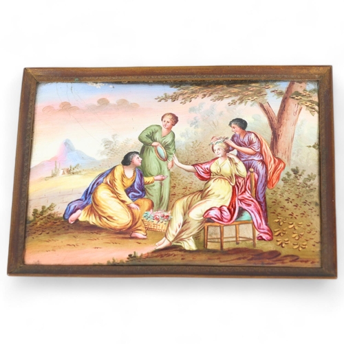 268 - A 19th century convex Limoges enamel plaque depicting 4 figures, brass frame, overall 11cm x 15cm