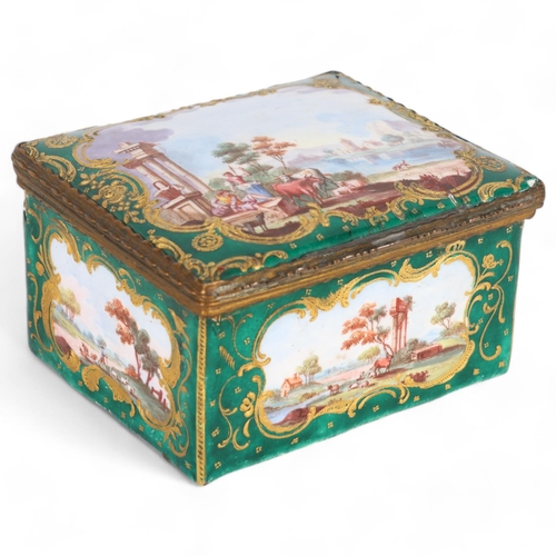 269 - 19th century Limoges enamel box, with painted landscape panels, width 11cm, A/F