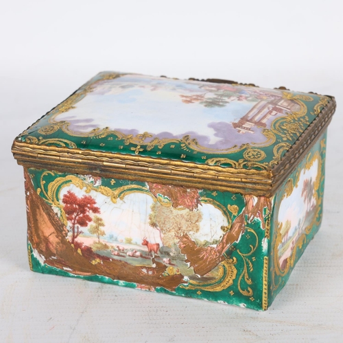 269 - 19th century Limoges enamel box, with painted landscape panels, width 11cm, A/F