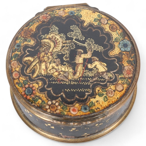 276 - 19th century chinoiserie gilded and lacquered box with brass mounts, diameter 8cm