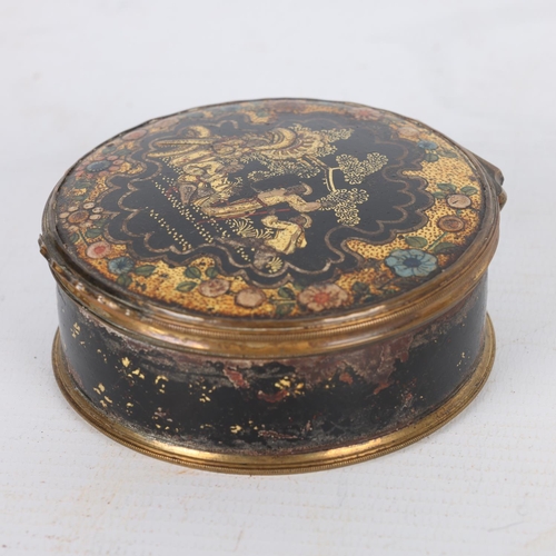 276 - 19th century chinoiserie gilded and lacquered box with brass mounts, diameter 8cm