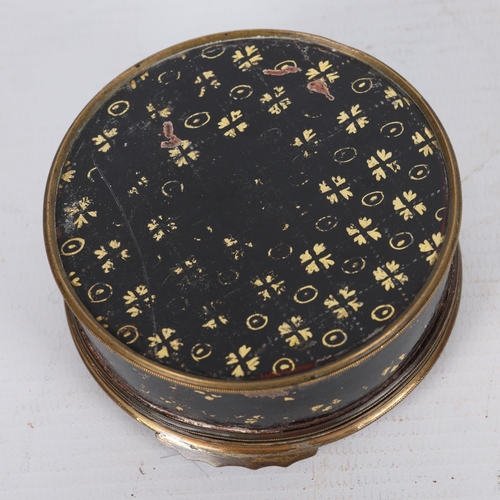 276 - 19th century chinoiserie gilded and lacquered box with brass mounts, diameter 8cm