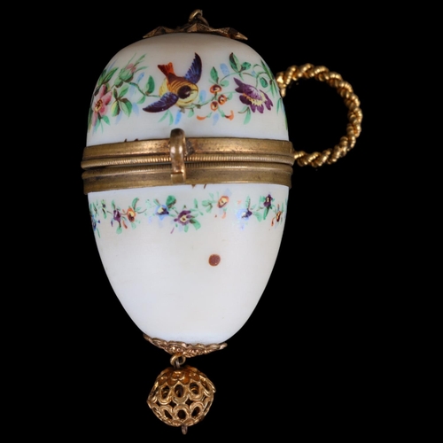 278 - Miniature 19th century opaque glass egg-shaped pendant box, with painted birds and flowers, and gilt... 