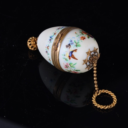 278 - Miniature 19th century opaque glass egg-shaped pendant box, with painted birds and flowers, and gilt... 