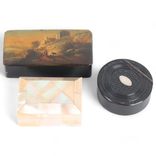 282 - 3 x 19th century boxes, including a papier mache snuffbox with painted lid, length 9cm (3)