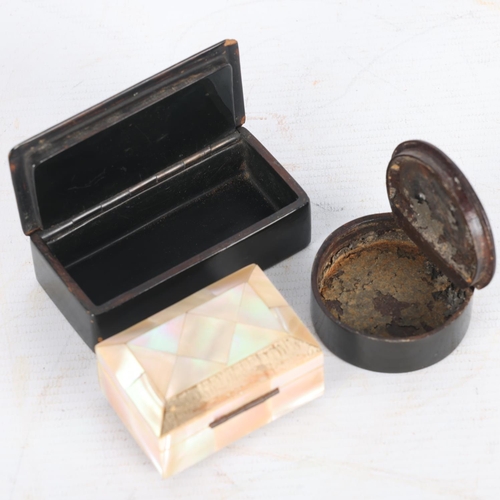 282 - 3 x 19th century boxes, including a papier mache snuffbox with painted lid, length 9cm (3)