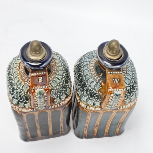 54 - Pair of 19th century Doulton Lambeth stoneware Whisky and Brandy square section spirit flasks, with ... 