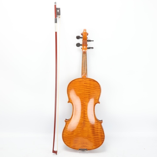 65 - A violin circa 1900, 2-piece satinwood back, no maker's marks or labels, back length 355mm, with bow... 