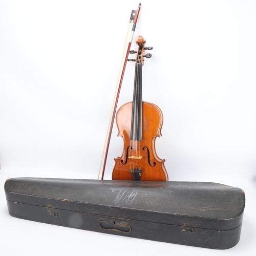 65 - A violin circa 1900, 2-piece satinwood back, no maker's marks or labels, back length 355mm, with bow... 