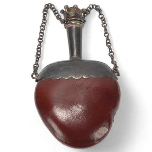 67 - A small 19th century Chinese perfume flask made from a seed pod, with unmarked white metal mount, an... 