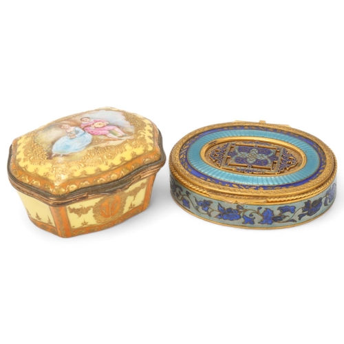 69 - A French gilt-brass and enamel oval box, circa 1900, length 9cm, and a small French porcelain trinke... 