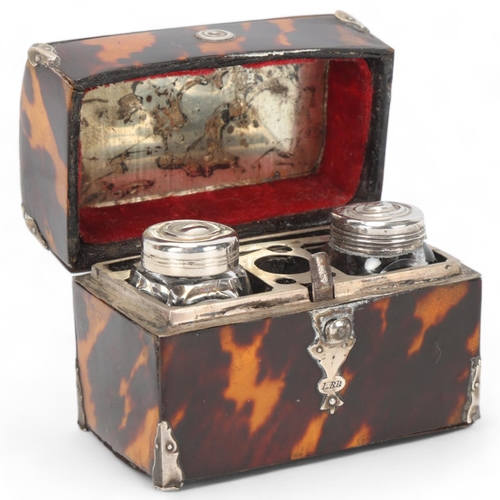 77 - A 19th century tortoiseshell miniature dome-top casket, with unmarked white metal mounts and handle,... 