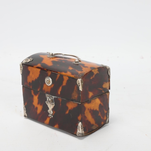 77 - A 19th century tortoiseshell miniature dome-top casket, with unmarked white metal mounts and handle,... 