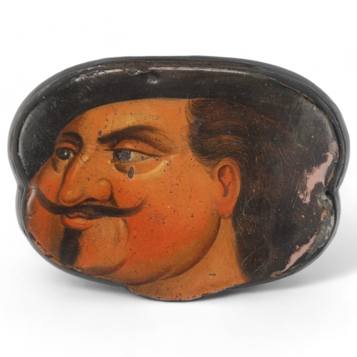 84 - A 19th century lacquer snuffbox, the lid having a painted portrait of a gentleman, length 7cm