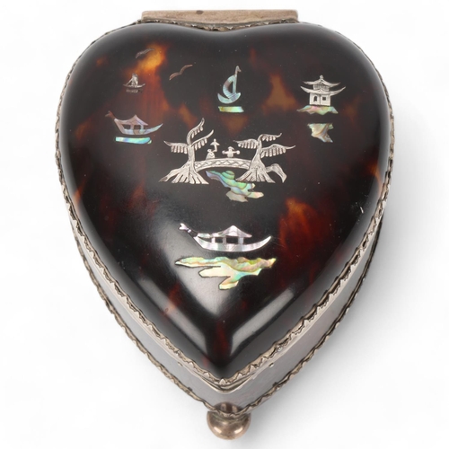 86 - Edward VII tortoiseshell and silver-mounted heart-shaped box, with mother-of-pearl inlaid lid, hallm... 